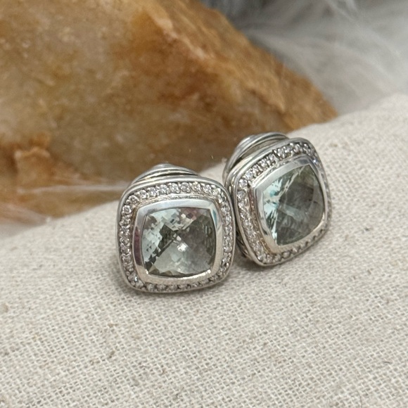 David Yurman Diamond Prasiolite Albion Earrings .925 Sterling Silver - Picture 4 of 8